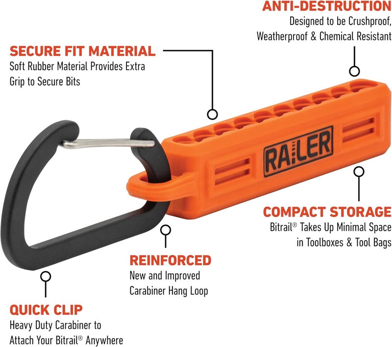 Railer Screwdriver Bit Holder Storage Organizer – 10-Hole Black and Orange Bit Holder with Carabiner - 2 Pack - Image 2